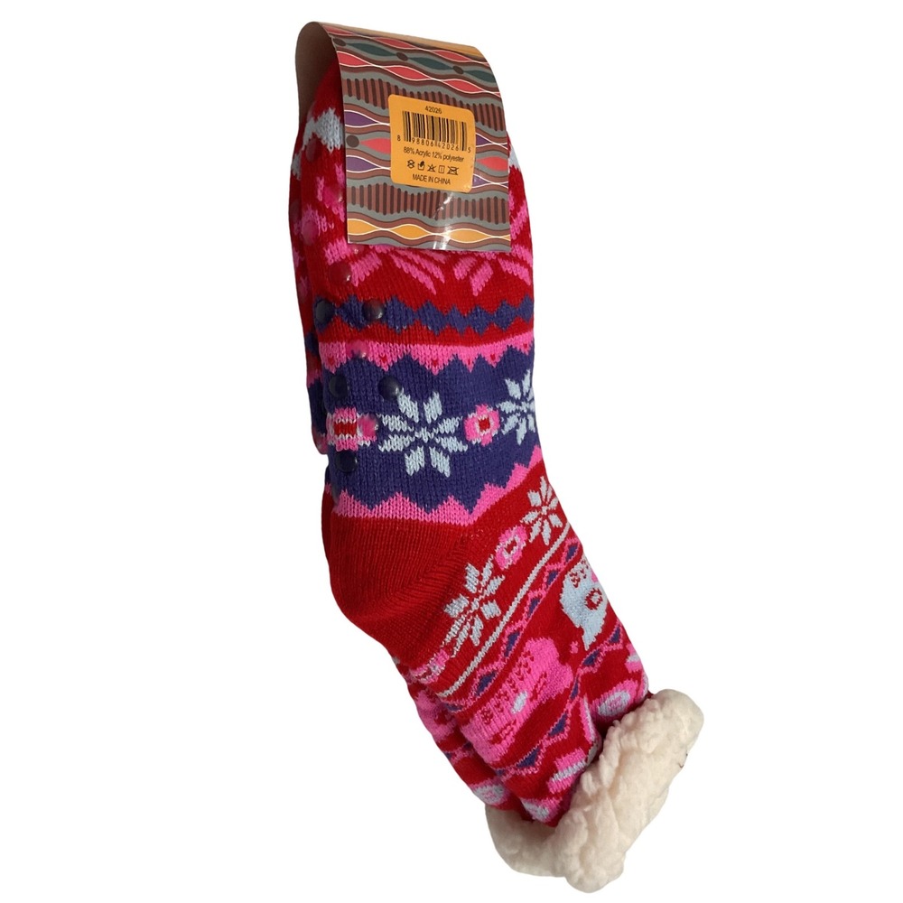 Sole Trends Red Fair Isle Sherpa Lined Floor Socks Non-Slip Slipper Socks 9-11 - Picture 2 of 5